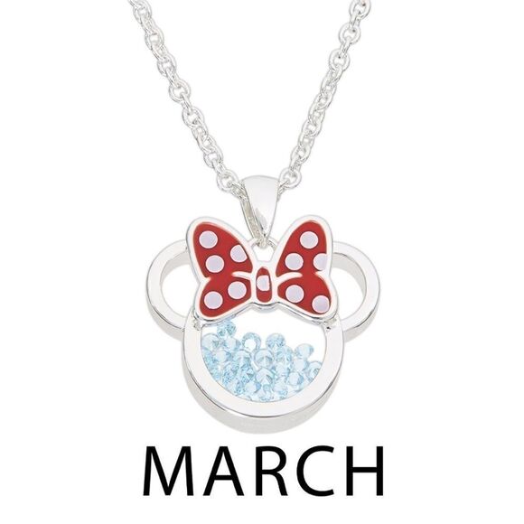 Silver Minnie Mouse March Aquamarine Cubic Zirconia Birthstone Necklace - Picture 2 of 6